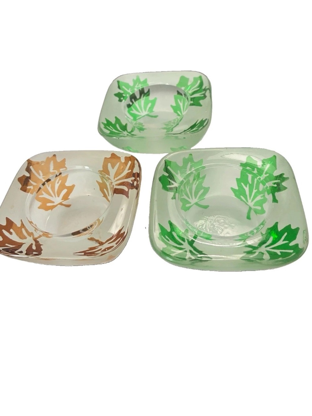 Frosted Glass Maple Leaf Candle Holders Autumn Tea Light Votive Set 3 Green Gold